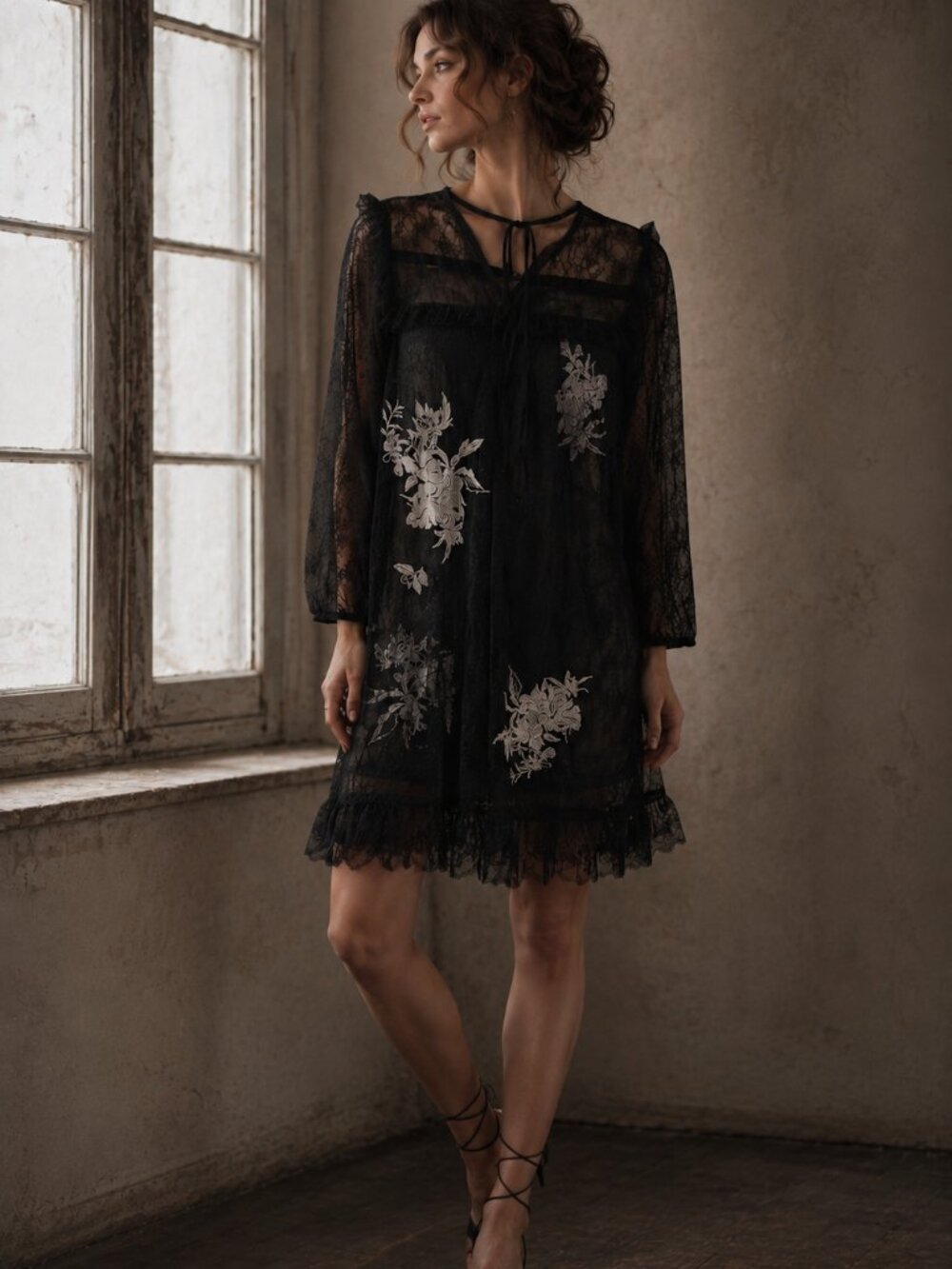 Twinset Milano Lace Dress Sheer Floral Embroidered Dark Romantic Size EU 44